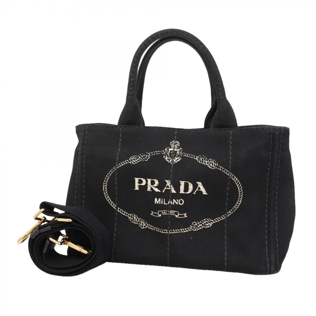 Prada Canapa Canvas Handbag, Black, 2-way Bag for Women: --- Catalog ---Category: SizeSize (HxWxD): 18.5cm x 29cm x 16cm / 7.28'' x 11.41'' x 6.29''Category: DesignType: HandbagColor: BlackGender: WomenMaterial: Canvas Hardware Color: GoldCategory: GeneralB