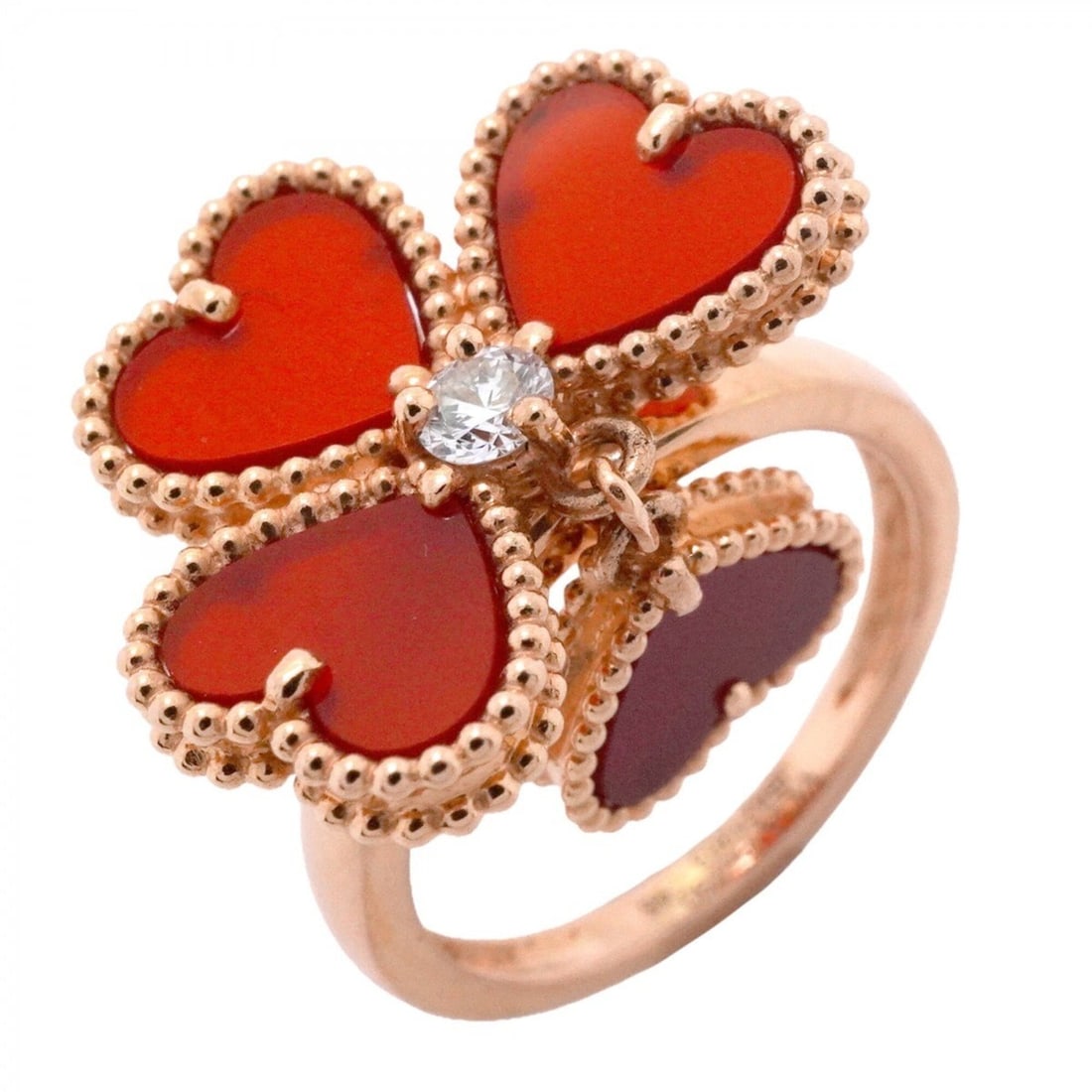 Van Cleef & Arpels Sweetheart Ring, 1PD (18K Pink Gold), Diamond, Carnelian Red, Size 46, Women's: --- Catalog ---Category: SizeUS Size: 3.5Brand Size: 46Category: DesignType: Band ringColor: Red colorStone: Carnelian, DiamondGender: WomenMaterial: Pink gold (18K)Category: GeneralBrand: Van Cleef &