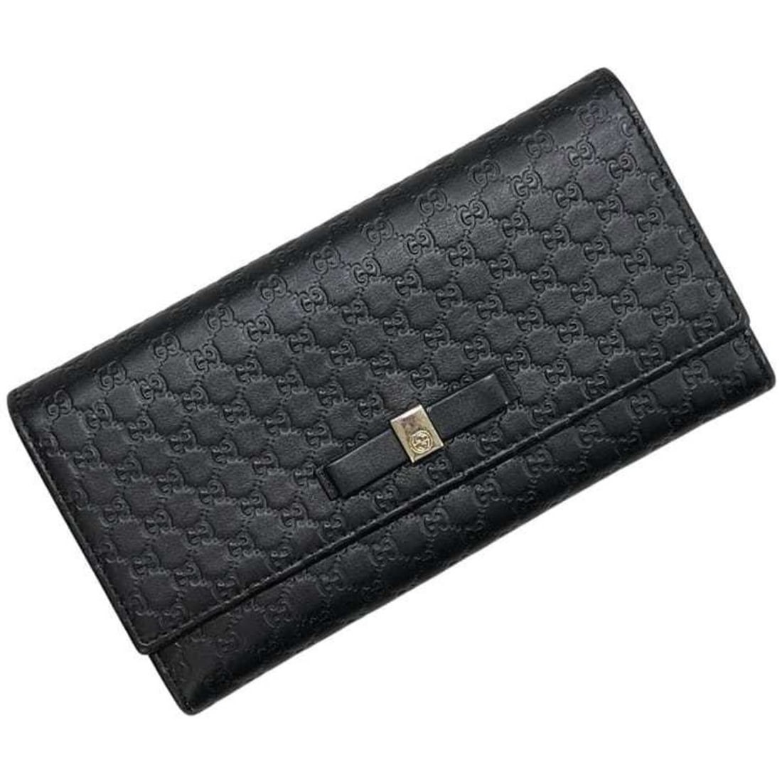 Gucci bi-fold long wallet, black, Microsima pattern, 388679 2149, leather, GUCCI ribbon, GG, flap: --- Catalog ---Category: SizeSize (HxWxD): 10.5cm x 19cm x 3cm / 4.13'' x 7.48'' x 1.18''Category: DesignType: Long wallet (bi-fold)Color: BlackGender: Women,MenMaterial: Leather Category: GeneralBran