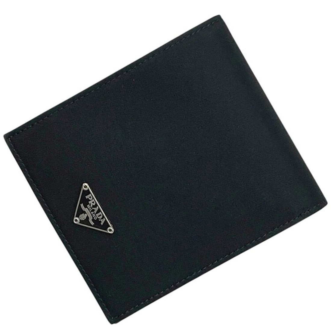 Prada bi-fold wallet, black (NERO), Tessuto M738, nylon and leather, with a triangular plate.: --- Catalog ---Category: SizeSize (HxWxD): 10cm x 10cm x 2cm / 3.93'' x 3.93'' x 0.78''Category: DesignType: Wallet (bi-fold)Color: Black, NeroGender: Women,MenMaterial: Nylon , Leather Category: Gene