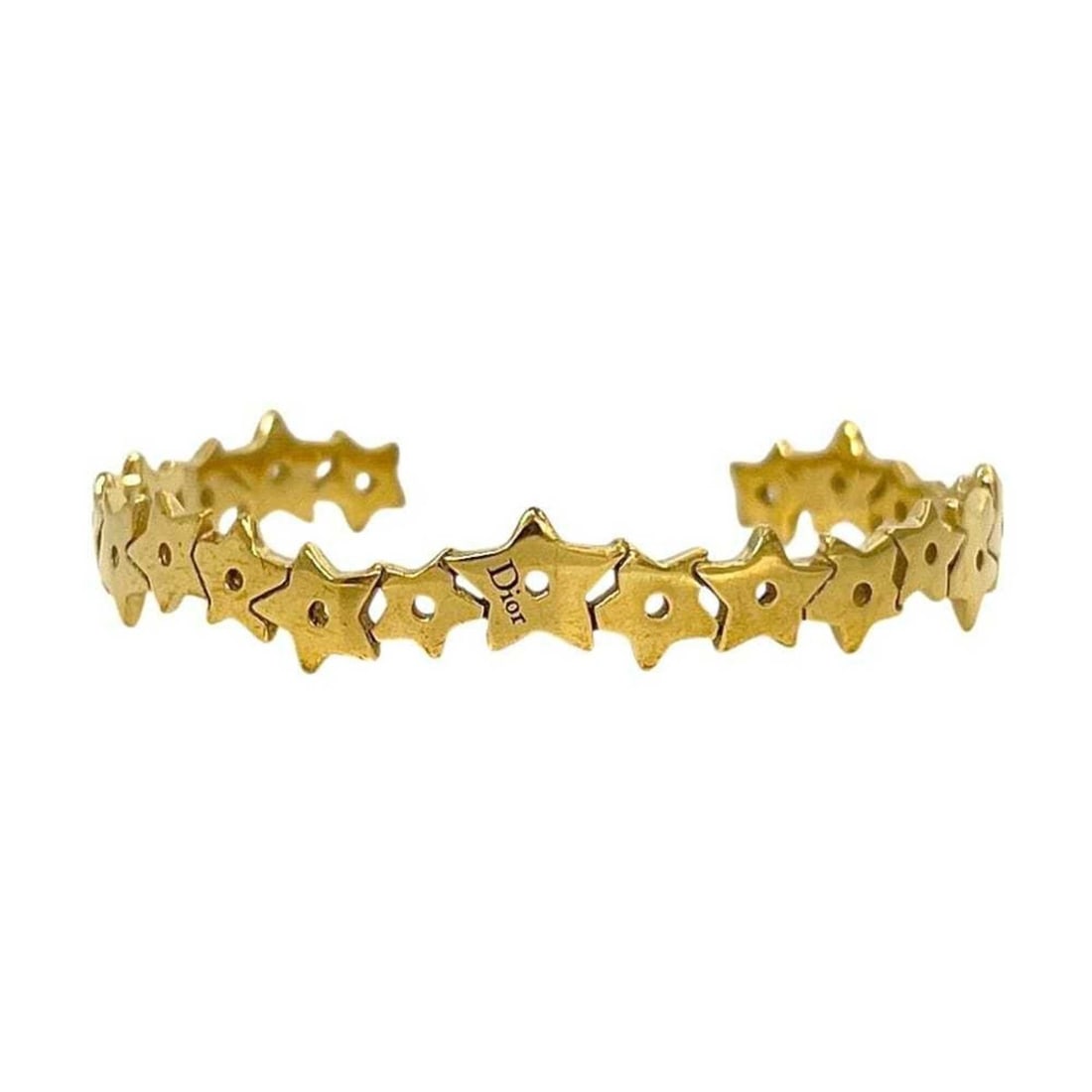 Christian Dior Bangle Gold Bracelet GP Metal Star: --- Catalog ---Category: SizeWidth: 5mm - 8mm / 0.19'' - 0.31''Length: 15.5cm / 6.1''Weight: 8.4g / 0.29oz.Category: DesignType: Charm braceletColor: GoldFinish: Gold platedGender: WomenMaterial: Meta
