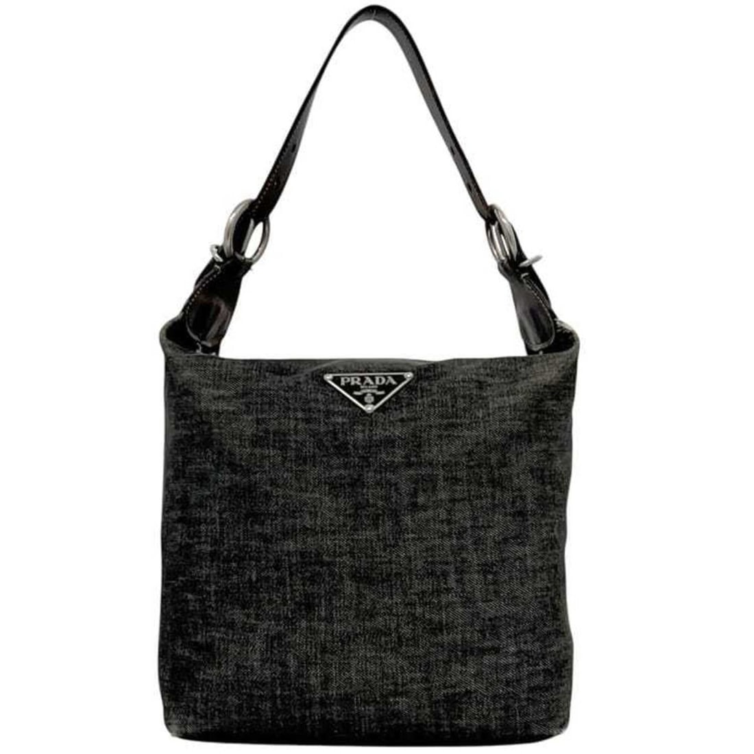 Prada Grey Black Denim Leather PRADA: --- Catalog ---Category: SizeSize (HxWxD): 27cm x 23cm x 15cm / 10.62'' x 9.05'' x 5.9''Strap Length: 40cm - 50cm / 15.74'' - 19.68''Category: DesignType: Shoulder bagColor: Black, GrayGender: WomenMa