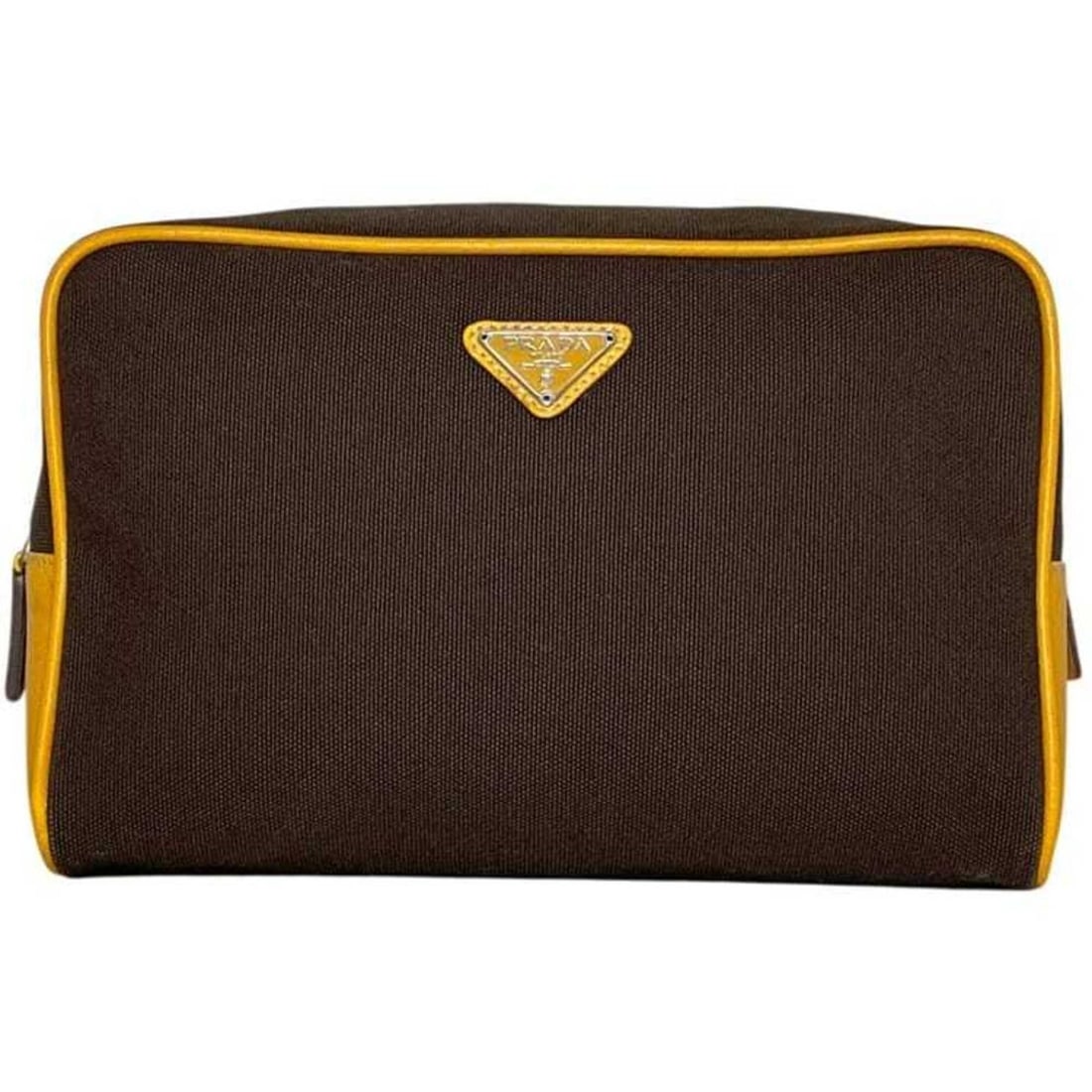 Prada pouch, clutch bag, brown/orange, canvas/leather, 113 PRADA: --- Catalog ---Category: SizeSize (HxWxD): 15cm x 22cm x 9cm / 5.9'' x 8.66'' x 3.54''Category: DesignType: HandbagColor: Brown, OrangeGender: Men,WomenMaterial: Canvas , Leather Category: GeneralBran