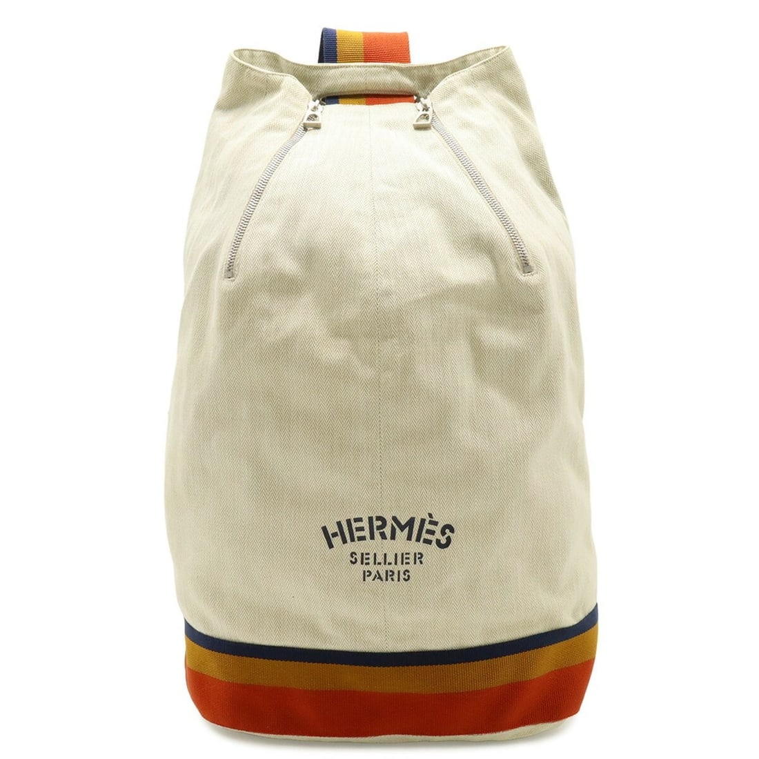 HERMES Cavalier Shoulder Bag, Body Canvas, Natural, Orange, Yellow, Navy: --- Catalog ---Category: SizeSize (HxWxD): 49cm x 28cm x 20cm / 19.29'' x 11.02'' x 7.87''Category: DesignType: Shoulder bag, Sling bagColor: Natural, Navy, Orange, YellowGender: WomenMaterial: Canvas