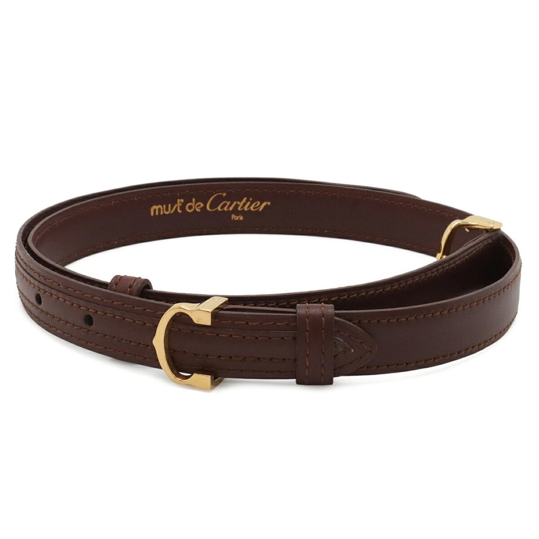 Cartier Must de Line C-buckle belt, leather, Bordeaux, actual size approx. #67.5: --- Catalog ---Category: SizeWidth: 2cm / 0.78''Length: 81cm / 31.88''Category: DesignType: Standard beltColor: BordeauxMaterial (Strap): Leather Category: GeneralBrand: Cartier--- Item List ---Sectio