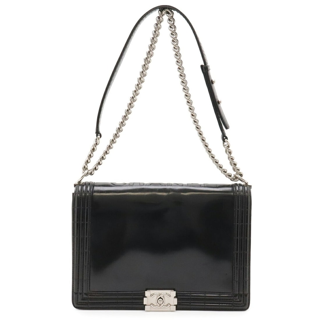 CHANEL Boy Chanel Matelassé Coco Mark Shoulder Bag Chain Enamel Black: --- Catalog ---Category: SizeSize (HxWxD): 21cm x 30cm x 6cm / 8.26'' x 11.81'' x 2.36''Category: DesignType: Shoulder bagColor: BlackGender: WomenCategory: GeneralBrand: ChanelCountry of Origin: Ital