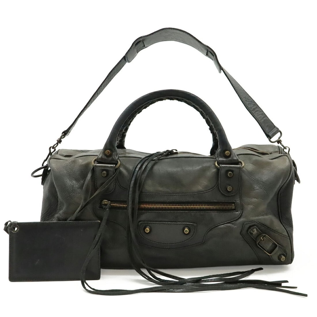 BALENCIAGA The Twiggy Handbag Shoulder Bag Leather Dark Gray 128523: --- Catalog ---Category: SizeSize (HxWxD): 17.5cm x 36.5cm x 16.5cm / 6.88'' x 14.37'' x 6.49''Category: DesignType: Handbag, Shoulder bagColor: Dark grayGender: WomenMaterial: Leather Category: Gener