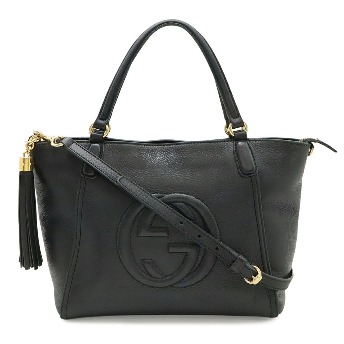 GUCCI Soho Interlocking G Tote Bag Shoulder Tassel Leather Black 369176: --- Catalog ---Category: SizeSize (HxWxD): 22cm x 35cm x 13.5cm / 8.66'' x 13.77'' x 5.31''Category: DesignType: Shoulder bag, Tote bagColor: Black, YellowGender: WomenMaterial: Leather Category: Gene