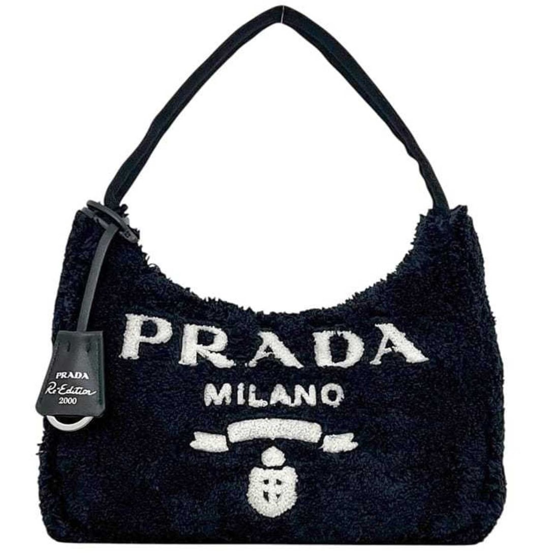Prada handbag, terry cloth bag, black, NERO SPUGNA Re Edition 2000 1NE515, size 31/3A, PRADA pouch: --- Catalog ---Category: SizeSize (HxWxD): 14cm x 25cm x 6cm / 5.51'' x 9.84'' x 2.36''Category: DesignType: HandbagColor: Black, NeroGender: WomenMaterial: Pile fabric Category: GeneralBrand: Prada--