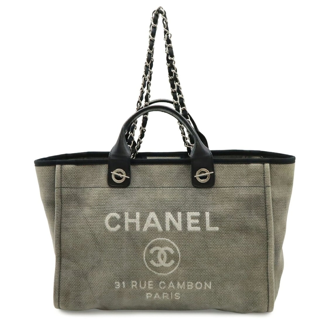 CHANEL Deauville Tote GM Bag, Chain Shoulder Canvas Leather, Gray/Black, A66941: --- Catalog ---Category: SizeSize (HxWxD): 29cm x 39cm x 19cm / 11.41'' x 15.35'' x 7.48''Category: DesignType: Shoulder bag, Tote bagColor: Black, GrayGender: WomenMaterial: Canvas Category: GeneralM
