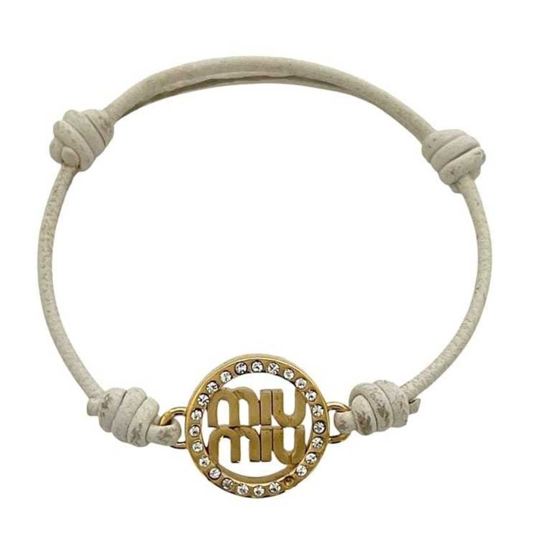 Miu bracelet, white and gold colored leather, metal, rhinestones, hardware.: --- Catalog ---Category: SizeLength: 21.5cm / 8.46''Category: DesignType: Charm braceletColor: Gold, WhiteStone: RhinestoneGender: WomenMaterial: Leather, MetalCategory: GeneralBrand: Miu Miu--- Item 