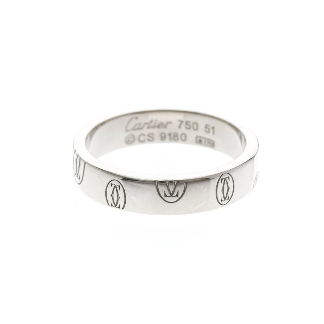Cartier Happy Birthday Ring White Gold (18K) Fashion No Stone Band Ring Silver: --- Catalog ---Category: SizeWidth: 4mm / 0.16''Weight: 5.3g / 0.18oz.JP Size: 11US Size: 5 3/4Brand Size: 51Category: DesignType: Band ringColor: SilverMetal: White GoldStone: No StoneStyle: FashionG