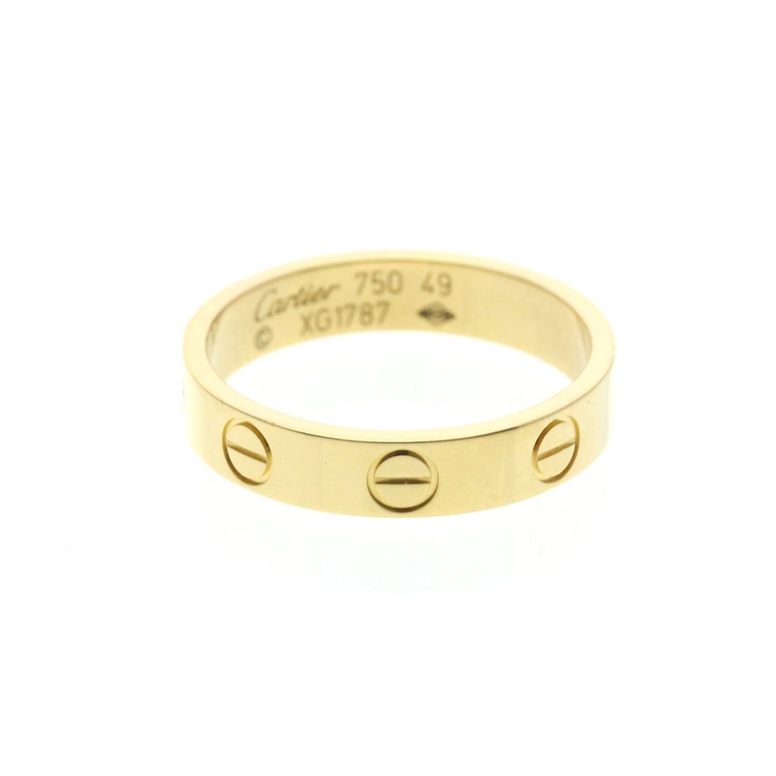 Cartier Mini Love Ring Yellow Gold (18K) Fashion No Stone Band Ring Gold: --- Catalog ---Category: SizeWidth: 3.5mm / 0.14''Weight: 3g / 0.1oz.JP Size: 9US Size: 4 3/4Brand Size: 49Category: DesignType: Band ringColor: GoldMetal: GoldStone: No StoneStyle: FashionGender: Men