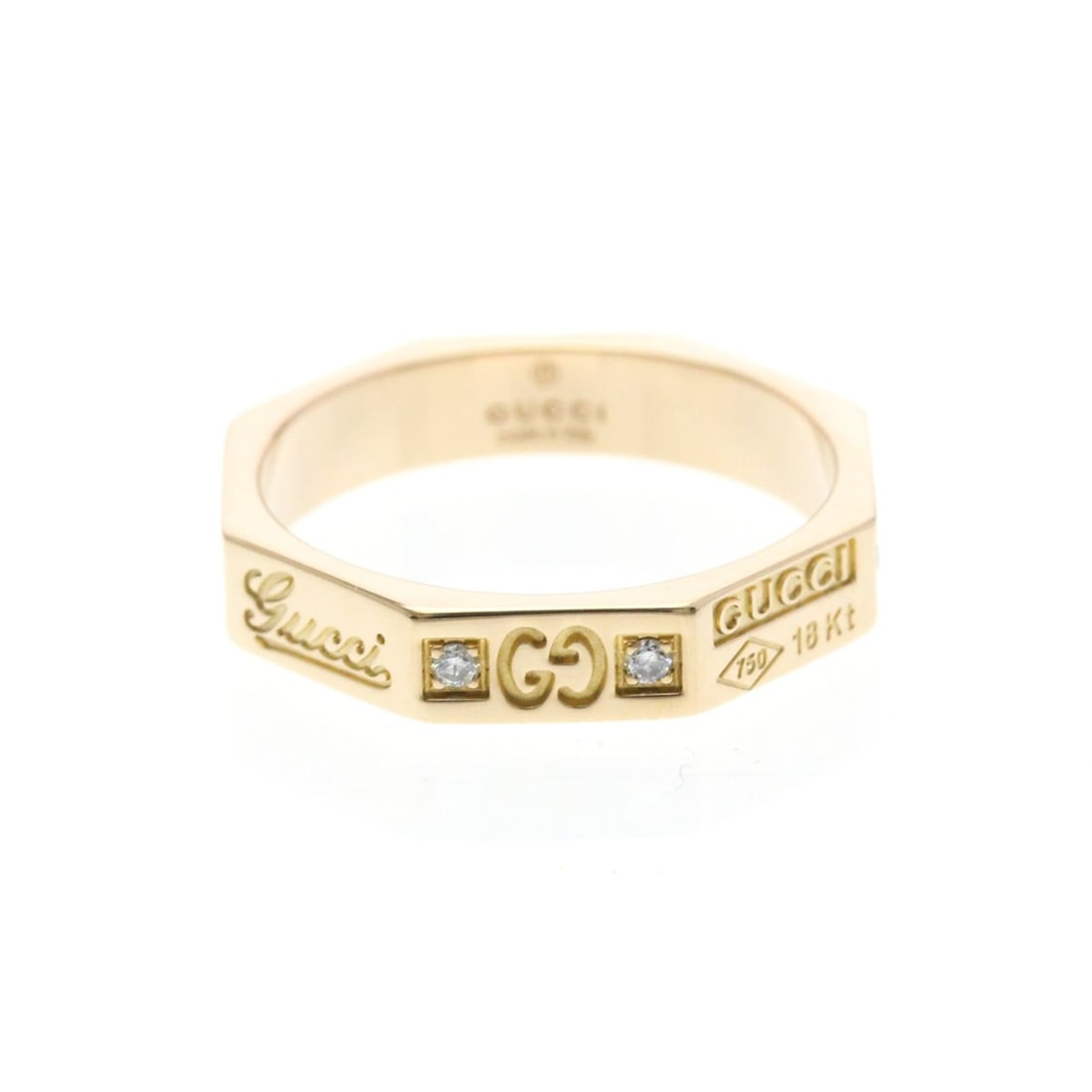 Gucci Octagonal Ring With Diamonds Pink Gold (18K) Fashion Diamond Band Ring Pink Gold: --- Catalog ---Category: SizeWidth: 3.3mm / 0.13''Weight: 3.2g / 0.11oz.JP Size: 7US Size: 4 1/2Brand Size: 8Category: DesignType: Band ringColor: Pink goldMetal: GoldStone: DiamondStyle: FashionGende