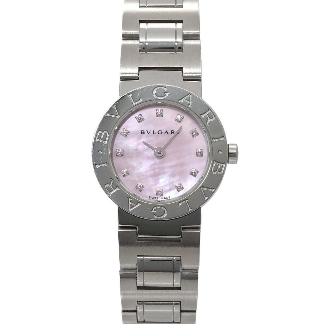 BVLGARI BB23SS 12P Diamond Ladies Watch Pink Shell Quartz: --- Catalog ---Category: SizeWrist Size: 16cm / 6.29''Case Diameter: 23mm / 0.91''Category: DesignType: WristwatchGender: WomenColor (Dial): Pink shellMaterial (Band): Stainless steelMaterial (Case): 