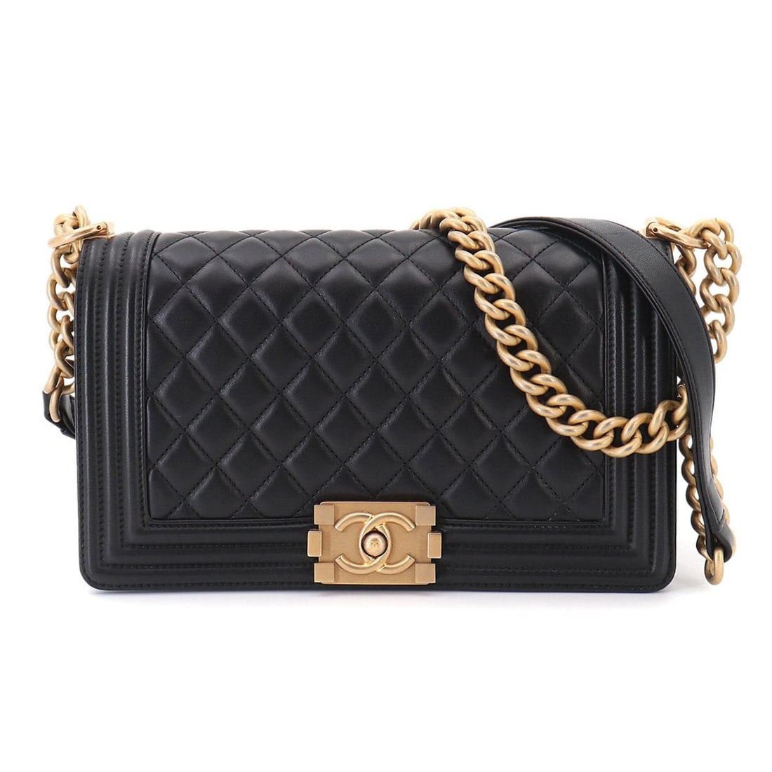 Chanel Boy Chain Shoulder Handbag, Lambskin, Black, A67086, Gold Hardware, BOY CHANEL Bag: --- Catalog ---Category: SizeSize (HxWxD): 15cm x 25cm x 8cm / 5.9'' x 9.84'' x 3.14''Category: DesignType: Handbag, Shoulder bagColor: BlackGender: MenMaterial: Leather Leather/Fur Type: LambskinCate