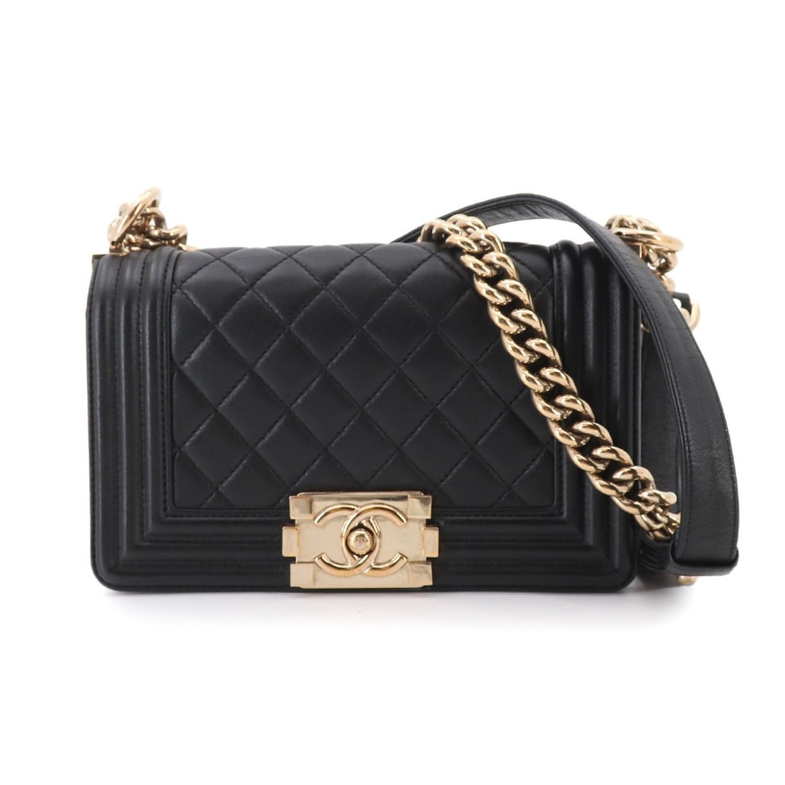 Chanel Boy Small Chain Shoulder Handbag, Lambskin, Black, A67085, Gold Hardware: --- Catalog ---Category: SizeSize (HxWxD): 12cm x 20cm x 6cm / 4.72'' x 7.87'' x 2.36''Category: DesignType: Handbag, Shoulder bagColor: BlackGender: WomenMaterial: Leather Leather/Fur Type: LambskinC