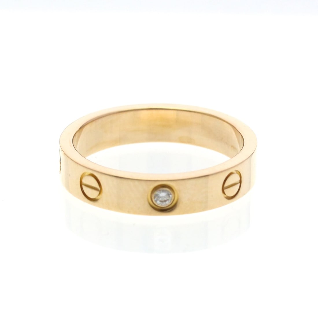 Cartier Mini Love Ring With 1 Diamond Pink Gold (18K) Fashion Diamond Band Ring Pink Gold: --- Catalog ---Category: SizeWidth: 4.1mm / 0.16''Weight: 4.5g / 0.15oz.JP Size: 11US Size: 5 3/4Brand Size: 51Category: DesignType: Band ringColor: Pink goldMetal: GoldStone: DiamondStyle: FashionGen
