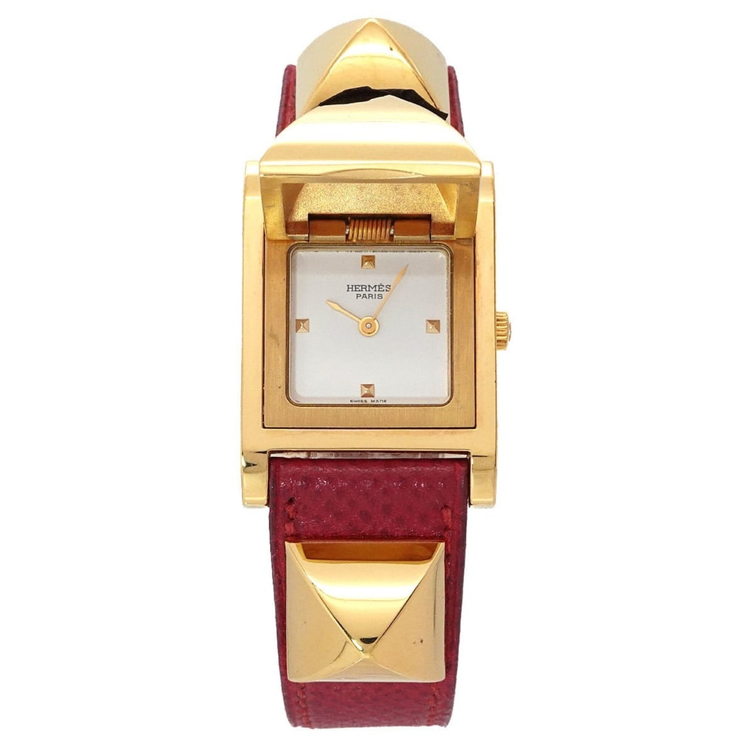 Hermes Medor Women's Watch, Pyramid Design, Gold Studs, White and Red Leather Strap, Quartz: --- Catalog ---Category: SizeWrist Size: 13.5cm - 16cm / 5.31'' - 6.29''Case Diameter: 23mm / 0.91''Category: DesignType: WristwatchGender: WomenColor (Dial): WhiteMaterial (Band): Gold plated, Leathe