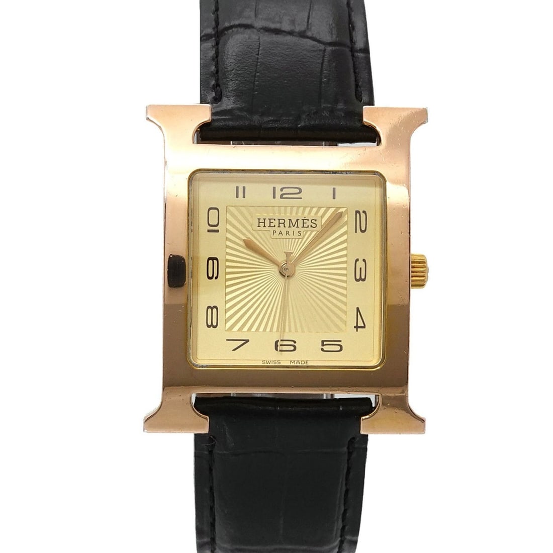 Hermes H-Watch HH1 801 Men's Watch Gold Black Quartz H: --- Catalog ---Category: SizeWrist Size: 13cm - 17.5cm / 5.11'' - 6.88''Case Diameter: 30mm / 1.18''Category: DesignType: WristwatchGender: MenColor (Dial): GoldMaterial (Band): Leather, Stainless ste