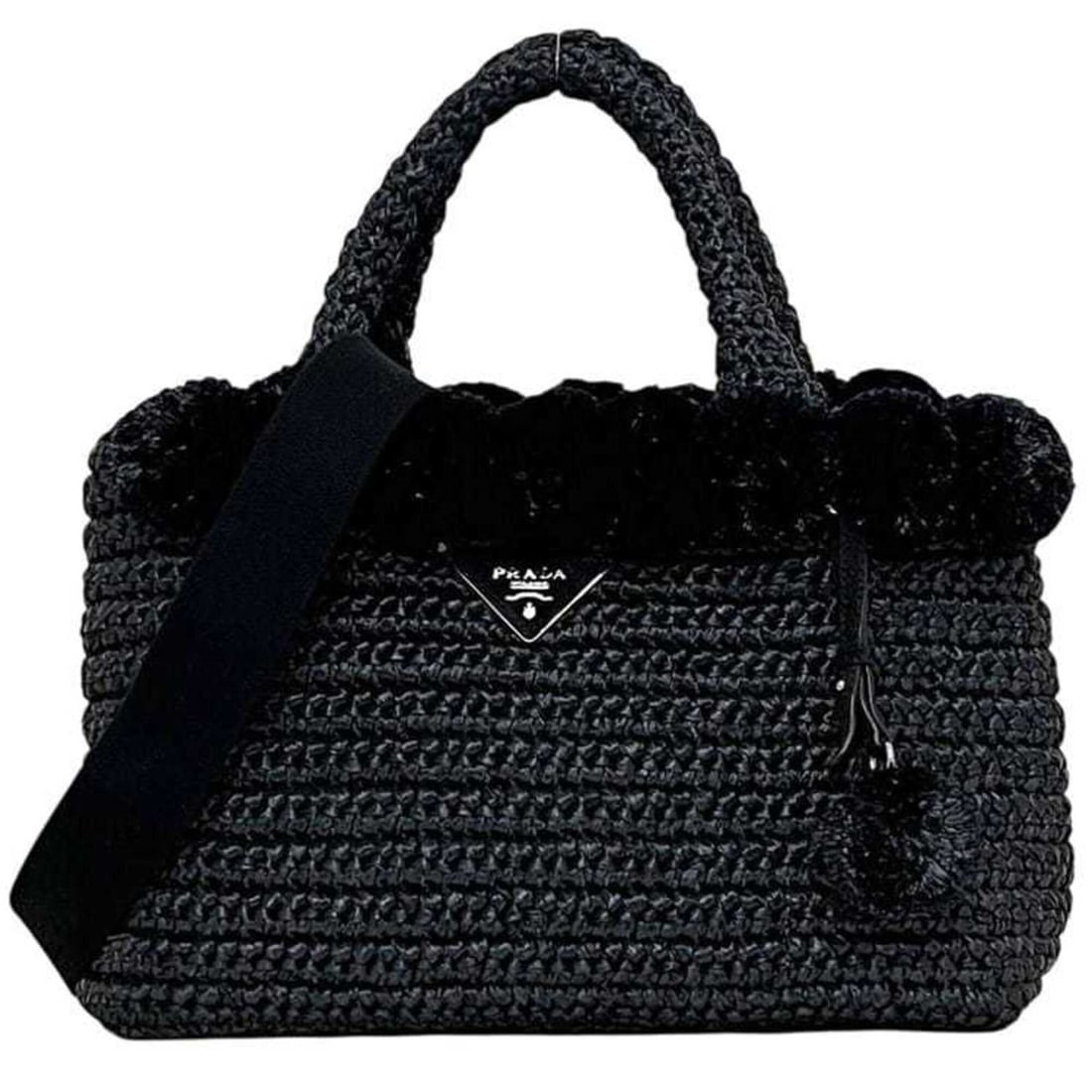 Prada 2-way bag, raffia pom-pom, black (NERO) 1BG889, handbag, raffia, RAFIA 110, PRADA shoulder: --- Catalog ---Category: SizeSize (HxWxD): 19cm x 30cm x 17cm / 7.48'' x 11.81'' x 6.69''Strap Length: 98cm - 105cm / 38.58'' - 41.33''Category: DesignType: Handbag, Shoulder bagColor: Black, NeroGend