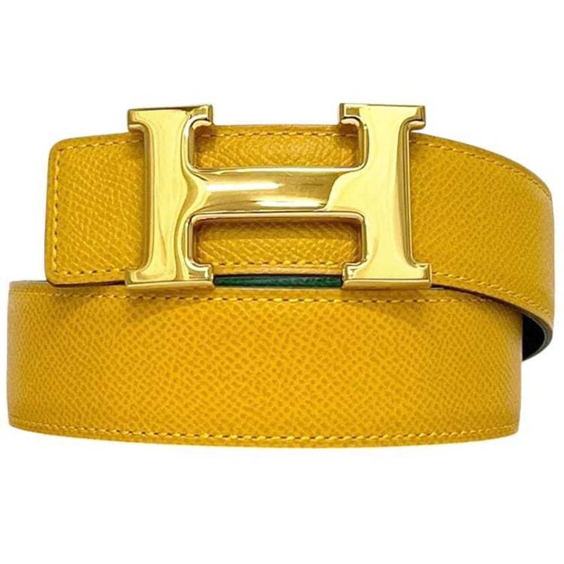 Hermes H Belt, Yellow/Green, Constance, Waist 63cm, 30mm, Togo Leather, ?Z Stamp, HERMES Buckle: --- Catalog ---Category: SizeWidth: 3cm / 1.18''Length: 55.5cm - 63cm / 21.85'' - 24.8''Buckle Size: 3.8cm x 6cm / 1.49'' x 2.36''Category: DesignType: Standard beltColor: Green, YellowGender: WomenLe