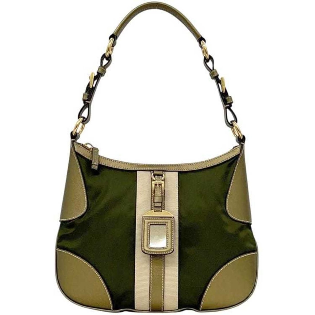 Prada khaki green gold nylon Saffiano leather 31 7 PRADA stripe: --- Catalog ---Category: SizeSize (HxWxD): 23cm x 30cm x 6cm / 9.05'' x 11.81'' x 2.36''Strap Length: 40cm - 48cm / 15.74'' - 18.89''Category: DesignType: Shoulder bagColor: Green, KhakiGender: WomenM