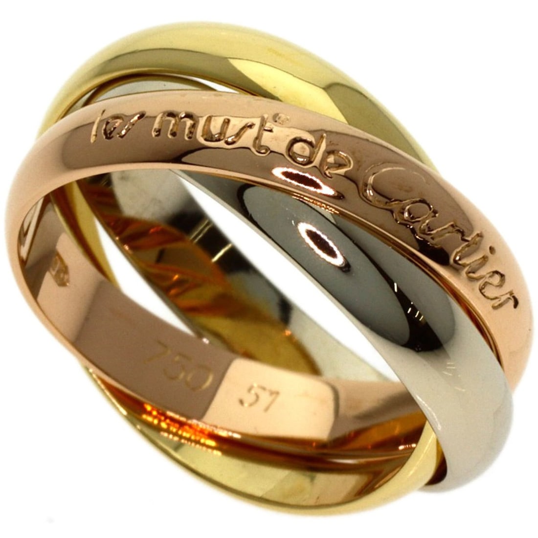 Cartier Trinity #51 Ring - 18K Yellow Gold/18K White Pink Gold Women's CARTIER: --- Catalog ---Category: SizeWidth: 3.4mm / 0.13''Weight: 7.5g / 0.26oz.JP Size: 11US Size: 6Category: DesignType: Band ringColor: Pink, White, YellowMetal: GoldGender: WomenMetal Purity: 18KCategory: