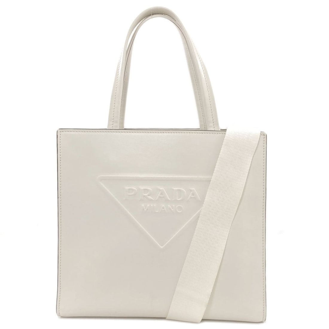 Prada Embossed Triangle 2-Way Handbag, Calfskin, Women's PRADA: --- Catalog ---Category: SizeSize (HxWxD): 23.5cm x 25cm x 11cm / 9.25'' x 9.84'' x 4.33''Category: DesignType: HandbagColor: WhiteGender: WomenMaterial: Leather Category: GeneralBrand: Prada--- Item 