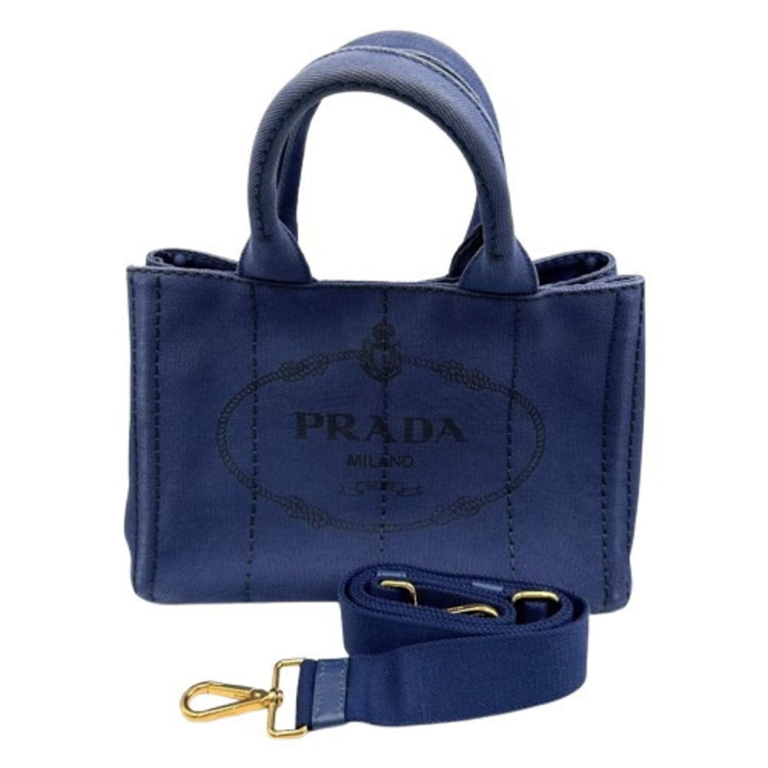 PRADA Canapa handbag 1BG439 Blue: --- Catalog ---Category: SizeSize (HxWxD): 19cm x 27cm x 15cm / 7.48'' x 10.62'' x 5.9''Category: DesignType: HandbagColor: BlueGender: WomenMaterial: Canvas Category: GeneralLine: CanapaBrand: Prada-