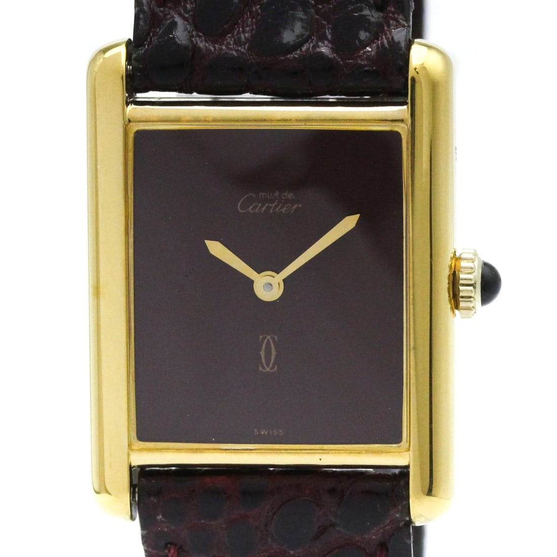 CARTIER Tank Vermeil Gold Plated Leater Hand-Winding Ladies Watch: --- Catalog ---Category: SizeCase Diameter: 20mm / 0.79''Category: DesignType: WristwatchStyle: Dress/FormalGender: WomenColor (Dial): BordeauxMaterial (Band): LeatherMaterial (Case): Gold platedCateg