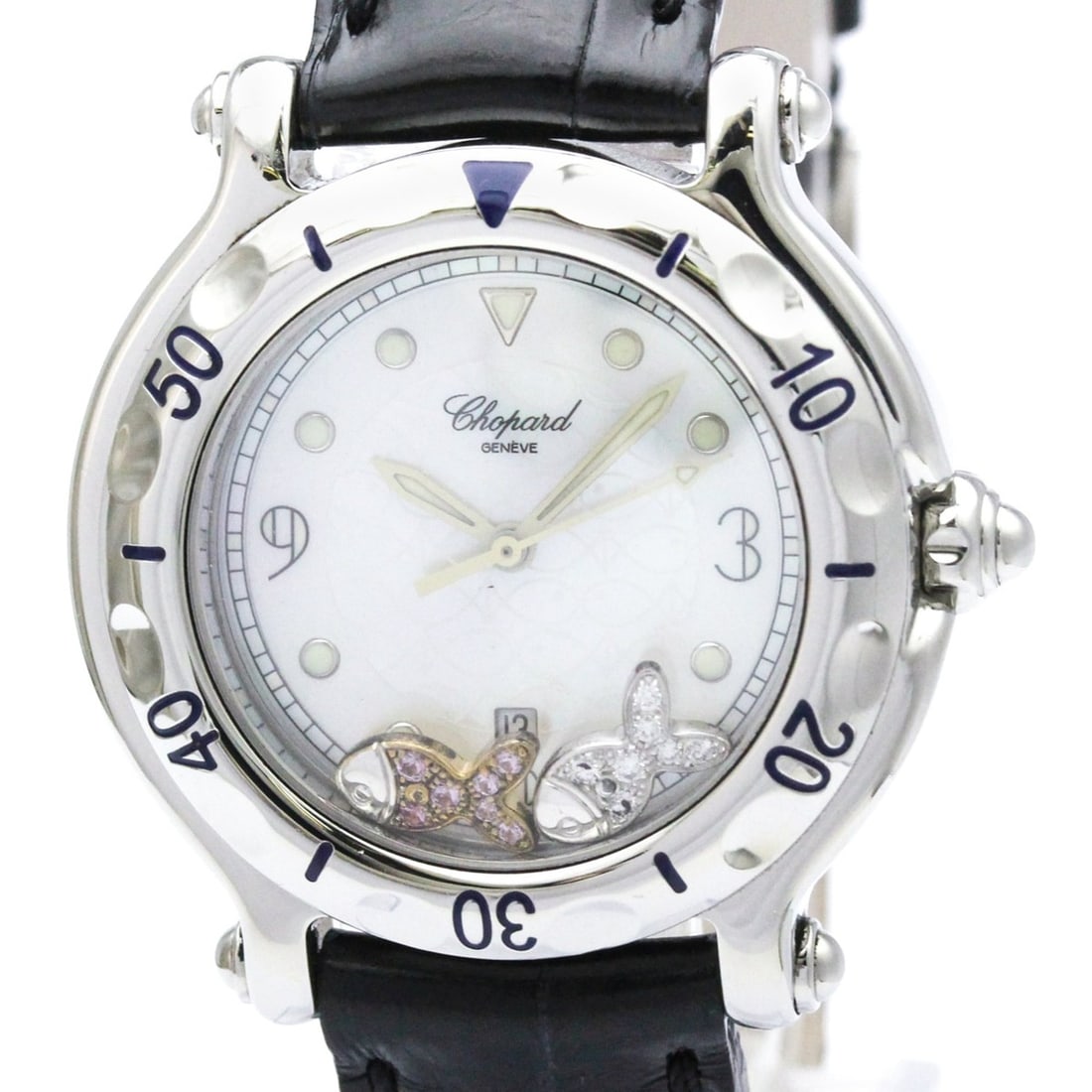 CHOPARD Happy Sport Fish Diamond MOP Dial Watch 27/8921-403 Polished: --- Catalog ---Category: SizeCase Diameter: 32mm / 1.26''Category: DesignType: WristwatchStyle: Dress/FormalGender: WomenColor (Dial): White shellMaterial (Band): LeatherMaterial (Case): Stainless ste