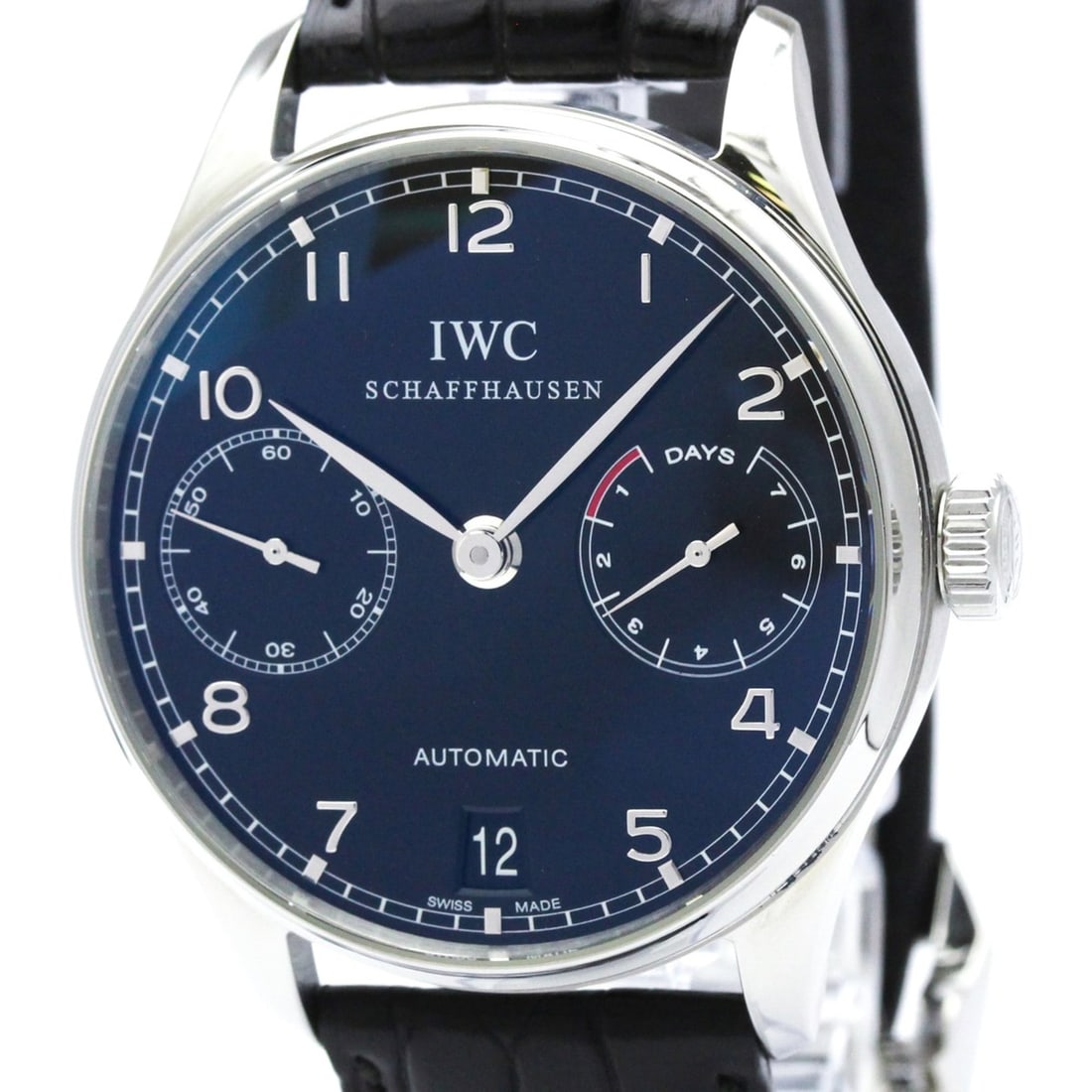 IWC Portugieser Steel Automatic Watch IW500703 Polished: --- Catalog ---Category: SizeCase Diameter: 42mm / 1.65''Category: DesignType: WristwatchStyle: SportGender: MenColor (Dial): BlackMaterial (Band): LeatherMaterial (Case): Stainless steelCategory: Gen