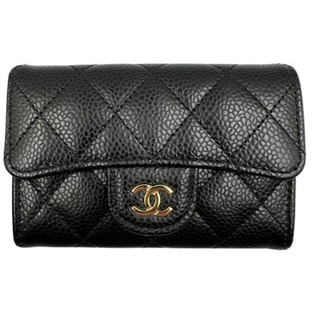 CHANEL Caviar Skin Card Case, Black Flap: --- Catalog ---Category: DesignType: Card caseColor: BlackGender: WomenMaterial: Grained Calfskin Category: GeneralBrand: ChanelCategory: Physical PropertiesSize (HxWxD): 7.5cm x 11cm x 2cm / 2.95'' x