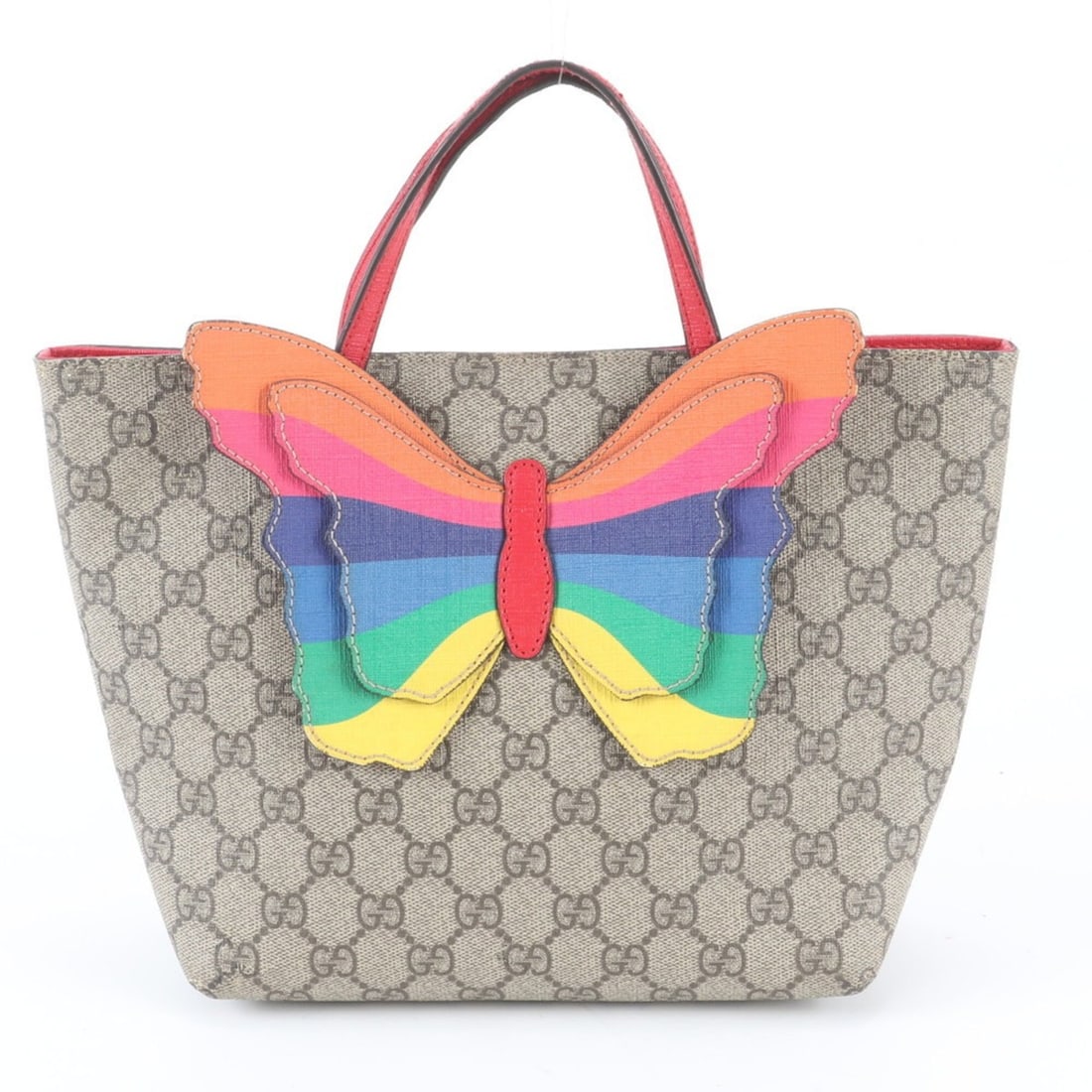 Gucci GG Supreme Butterfly Motif Leather Handbag Tote Bag 550768 for Women: --- Catalog ---Category: SizeSize (HxWxD): 19cm x 20cm x 10cm / 7.48'' x 7.87'' x 3.93''Category: DesignType: Handbag, Tote bagColor: Multi-colorGender: WomenMaterial: Leather , Coated canvas Category