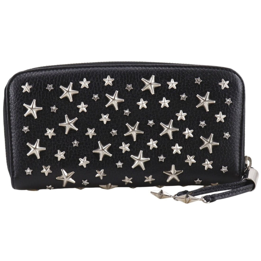 Jimmy Choo women's round-zip long wallet with star studs, leather and rhinestones, black.: --- Catalog ---Category: SizeSize (HxWxD): 10.5cm x 19.5cm x 2cm / 4.13'' x 7.67'' x 0.78''Category: DesignType: Long wallet (bi-fold)Color: BlackGender: WomenMaterial: Leather Category: GeneralBrand: