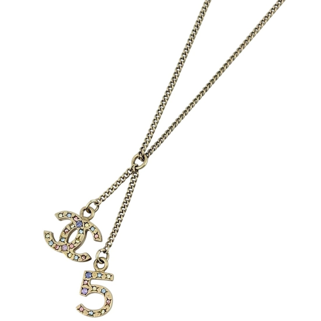 Chanel Coco Mark Rhinestone Necklace No. 5 GP Gold Women's: --- Catalog ---Category: SizePendant Size: 1.4mm x 3.5mm / 0.05'' x 0.13''Neck Circumference: 62.5 cm / 24.6''Category: DesignColor: GoldGender: WomenMaterial: Gold plating, RhinestoneNecklace Type: N