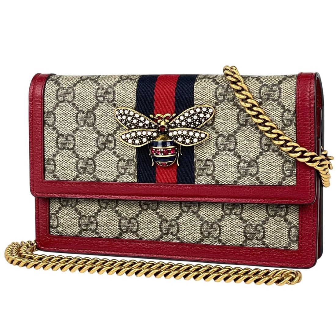 Gucci Queen Margaret Bee Chain Wallet, GG pattern, Sherry Line Web, Supreme coated canvas,: --- Catalog ---Category: SizeSize (HxWxD): 12.5cm x 20cm x 2.5cm / 4.92'' x 7.87'' x 0.98''Category: DesignType: Shoulder bagColor: Beige, Red colorGender: WomenMaterial: GG Supreme Category: GeneralM