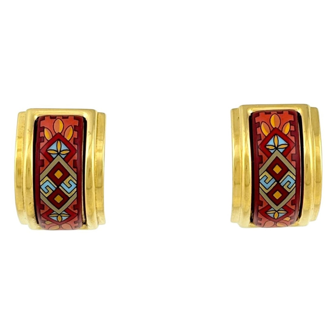 Hermes enamel earrings, cloisonné enamel, GP (gold plated), red and gold, for women.: --- Catalog ---Category: SizeSize (HxWxD): 12.00mm x 20.00mm / 0.47'' x 0.79''Category: DesignType: Clip earringsColor: Gold, Red colorGender: WomenMaterial: Gold platingCategory: GeneralBrand: Hermes