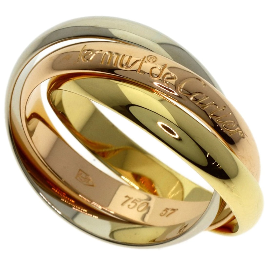 Cartier Trinity #57 Ring - 18K Yellow Gold/18K White Pink Gold Women's CARTIER: --- Catalog ---Category: SizeJP Size: 17US Size: 8.5Category: DesignType: Band ringGender: WomenMaterial: Pink gold (18K), White gold (18K), Yellow gold (18K)Category: GeneralBrand: Cartier--- Item Li