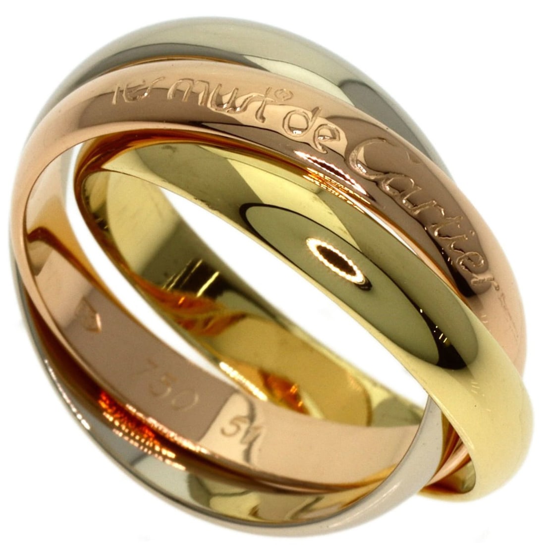 Cartier Trinity #51 Ring - 18K Yellow Gold/18K White Pink Gold Women's CARTIER: --- Catalog ---Category: SizeJP Size: 11US Size: 6Category: DesignType: Band ringGender: WomenMaterial: Pink gold (18K), White gold (18K), Yellow gold (18K)Category: GeneralBrand: Cartier--- Item List