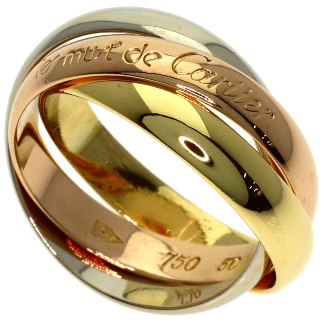 Cartier Trinity #50 Ring - 18K Yellow Gold/18K White Pink Gold Women's CARTIER: --- Catalog ---Category: SizeJP Size: 10US Size: 5.5Category: DesignType: Band ringGender: WomenMaterial: Pink gold (18K), White gold (18K), Yellow gold (18K)Category: GeneralBrand: Cartier--- Item Li