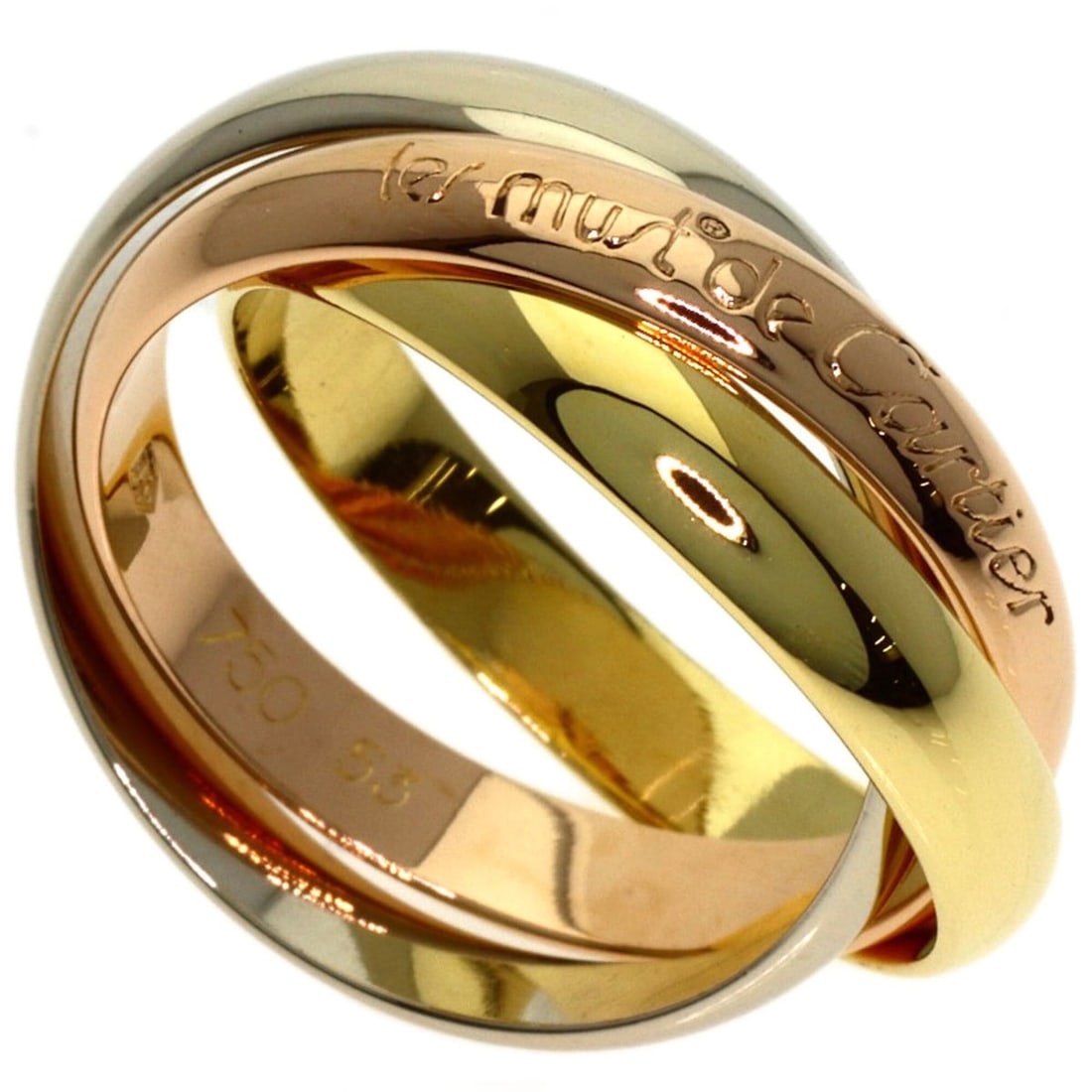 Cartier Trinity #53 Ring - 18K Yellow Gold/18K White Pink Gold Women's CARTIER: --- Catalog ---Category: SizeJP Size: 13US Size: 6.5Category: DesignType: Band ringGender: WomenMaterial: Pink gold (18K), White gold (18K), Yellow gold (18K)Category: GeneralBrand: Cartier--- Item Li