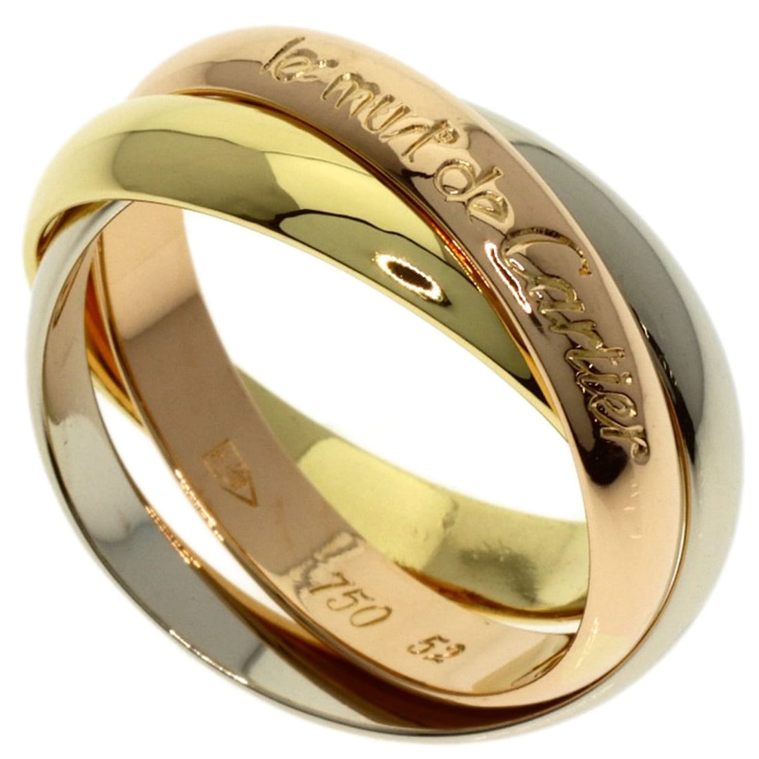 Cartier Trinity #52 Ring - 18K Yellow Gold/18K White Pink Gold Women's CARTIER: --- Catalog ---Category: SizeJP Size: 12US Size: 6.5Category: DesignType: Band ringGender: WomenMaterial: Pink gold (18K), White gold (18K), Yellow gold (18K)Category: GeneralBrand: Cartier--- Item Li