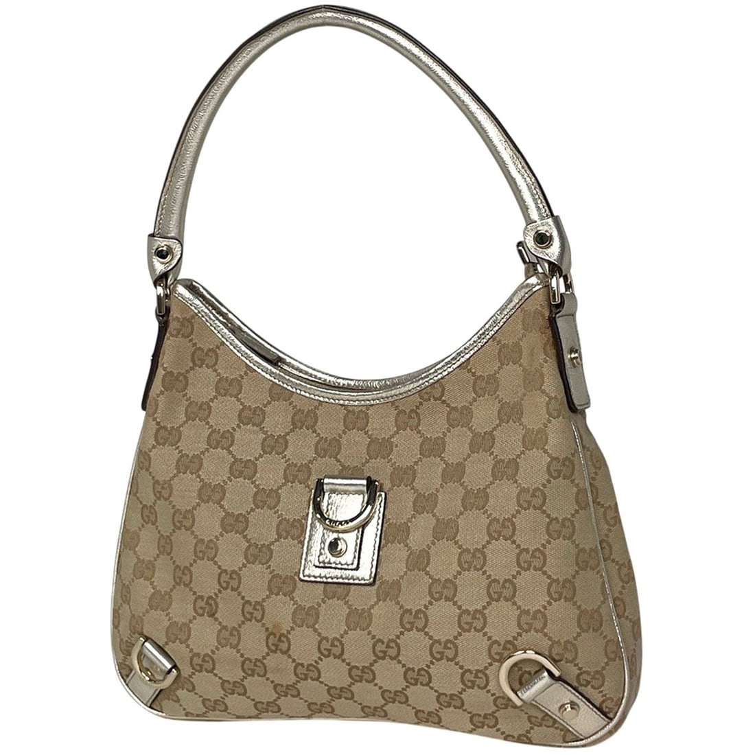 Gucci GG pattern shoulder bag, Abbey canvas, beige and silver, 130738, women's.: --- Catalog ---Category: SizeSize (HxWxD): 19cm x 28cm x 4cm / 7.48'' x 11.02'' x 1.57''Category: DesignType: Shoulder bagColor: BeigeGender: WomenMaterial: GG canvas , Leather Category: GeneralMPN: 1
