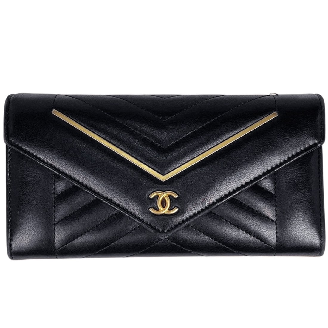 Chanel V-stitch bi-fold long wallet, chevron Coco mark, leather, black, women's.: --- Catalog ---Category: SizeSize (HxWxD): 10cm x 19.5cm x 2cm / 3.93'' x 7.67'' x 0.78''Category: DesignType: Long wallet (bi-fold)Color: BlackGender: WomenMaterial: Leather Category: GeneralBrand: C