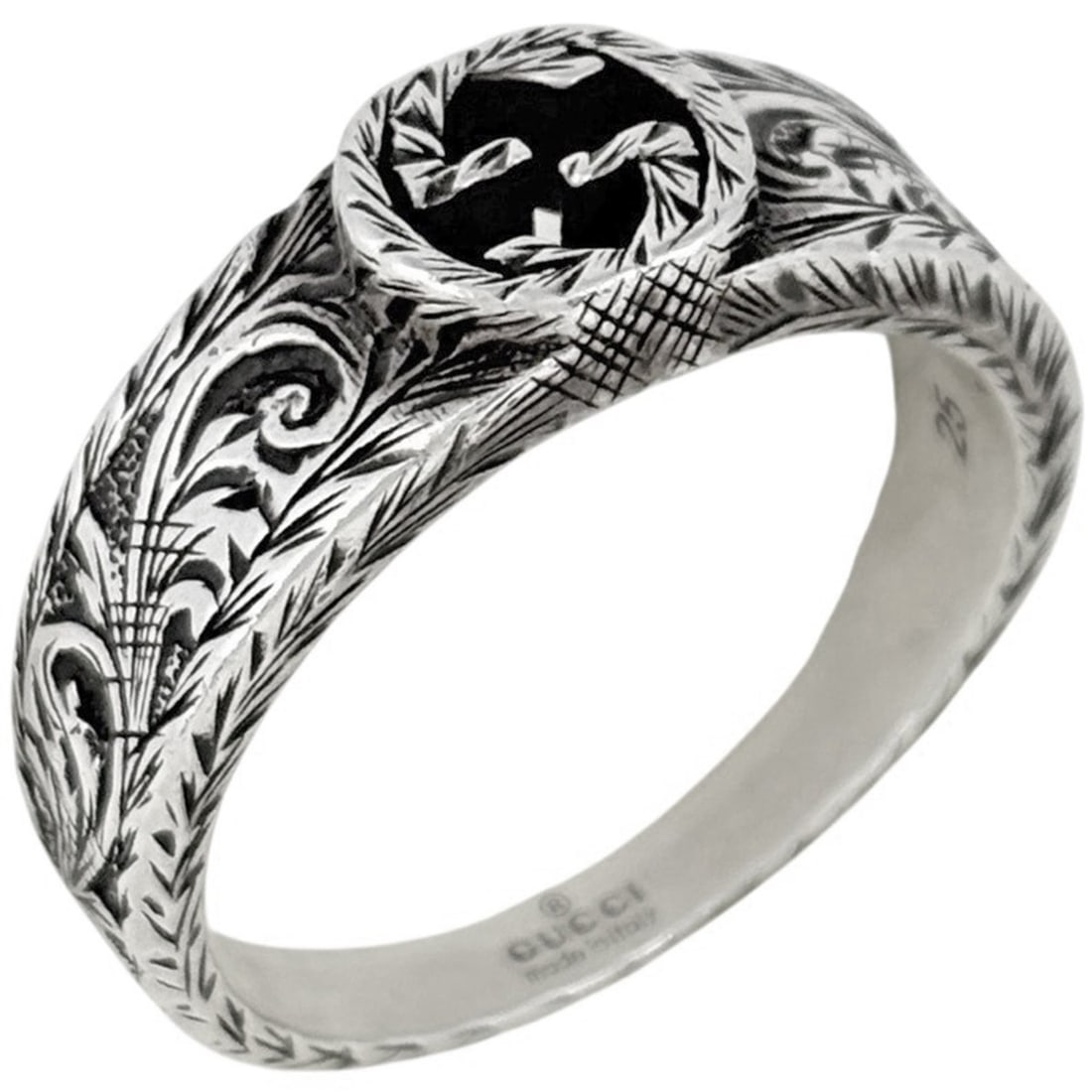 Gucci Arabesque Ring, Interlocking G, Size 24, Sterling Silver 925, Silver, Men's: --- Catalog ---Category: SizeJP Size: 24US Size: 11.5Category: DesignType: Band ringColor: SilverGender: MenMaterial: Silver 925Category: GeneralBrand: Gucci--- Item List ---Section: ConditionRanking: