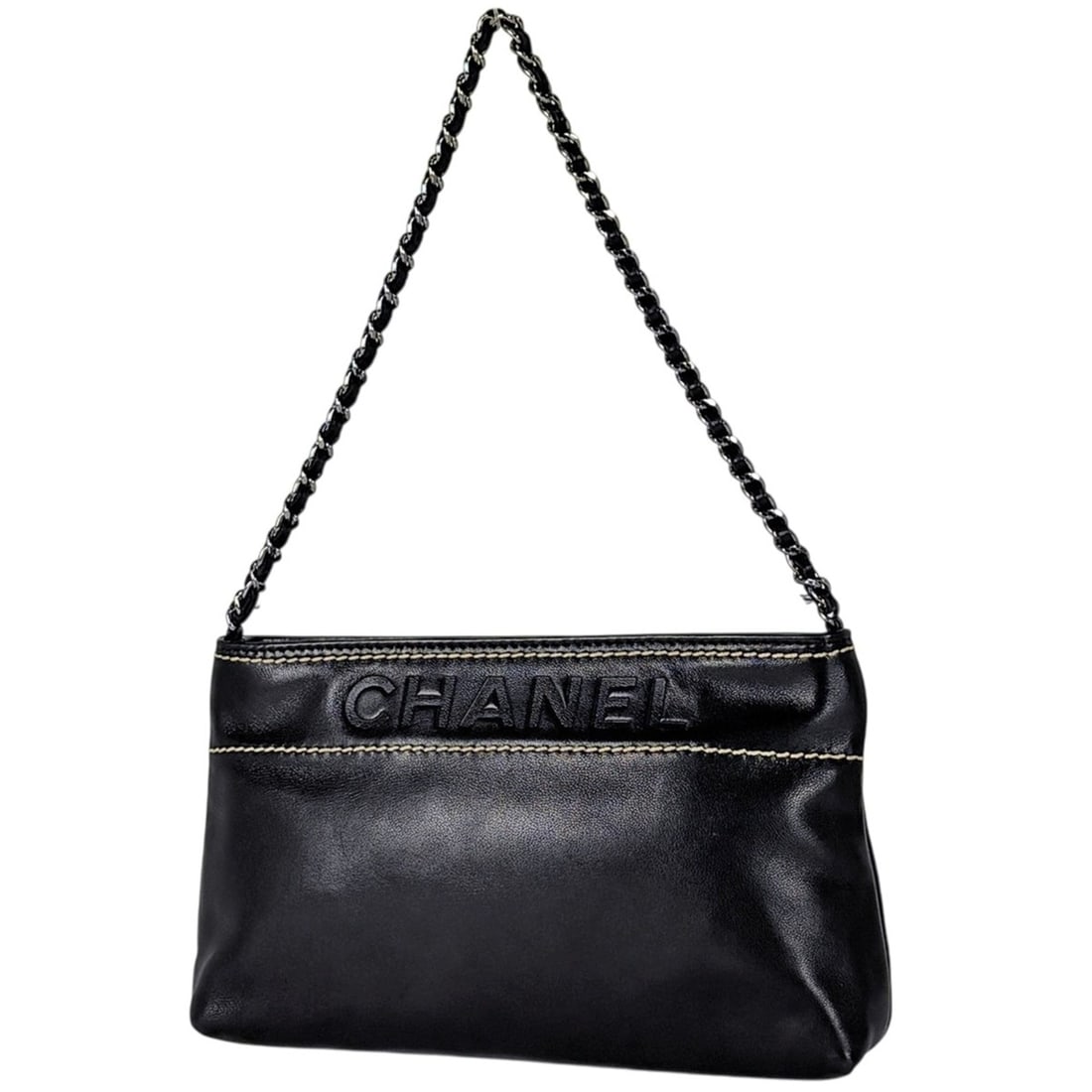 Chanel logo chain handbag pouch, leather, black, for women.: --- Catalog ---Category: SizeSize (HxWxD): 12cm x 22cm x 5cm / 4.72'' x 8.66'' x 1.96''Category: DesignType: Handbag, PouchColor: BlackGender: WomenMaterial: Leather Category: GeneralBrand: Chanel--- 