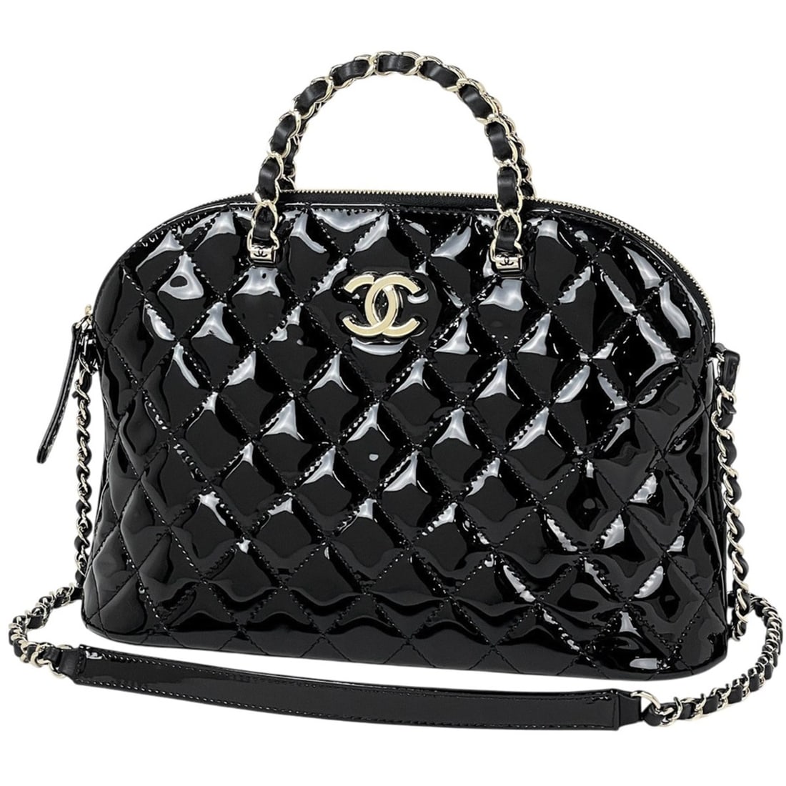Chanel Coco Mark Handbag, Chain, 2-Way, Enamel Patent Leather, Black, Women's: --- Catalog ---Category: SizeSize (HxWxD): 19cm x 28cm x 8cm / 7.48'' x 11.02'' x 3.14''Category: DesignType: HandbagColor: BlackGender: WomenMaterial: Patent leather Category: GeneralBrand: Chanel---