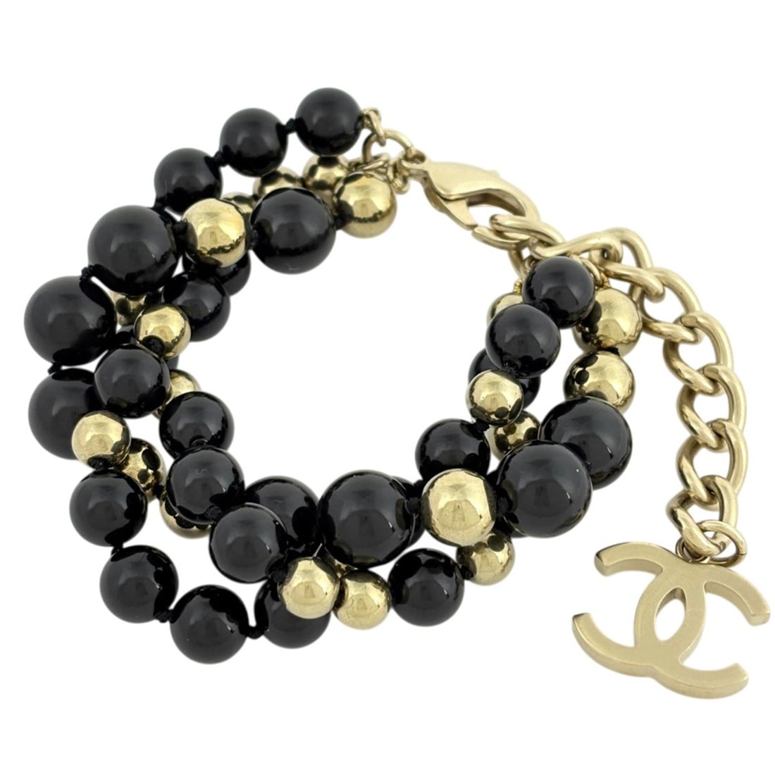 Chanel Coco Mark Bracelet, Triple Strand, Beaded, GP Black Gold, Women's: --- Catalog ---Category: SizeLength: 22cm / 8.66''Category: DesignType: Charm braceletColor: BlackGender: WomenMaterial: Gold platingCategory: GeneralBrand: Chanel--- Item List ---Section: ConditionRa